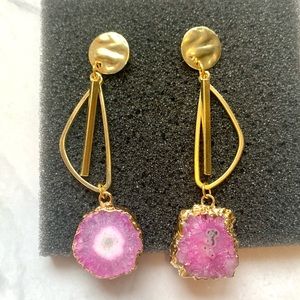 Pink Solar Quartz Geometric Bar Stud Gold Earrings